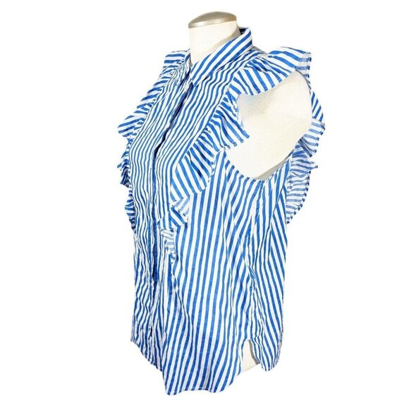 Noisy May Blouse Womens L Blue White Stripe Ruffle Coastal Romantic Sleeveless - Picture 4 of 7